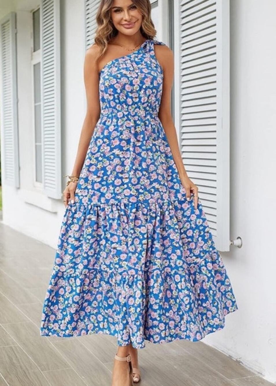Prettygarden Blue Floral One Shoulder Maxi Dress Small